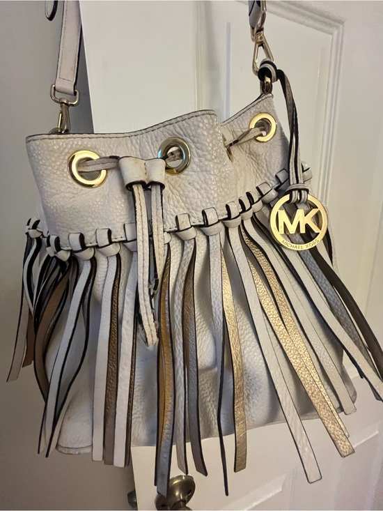 Michael Kors Handbags - Michael Kors Cream and Brown Leather Fringe Drawstring Shoulder Bag